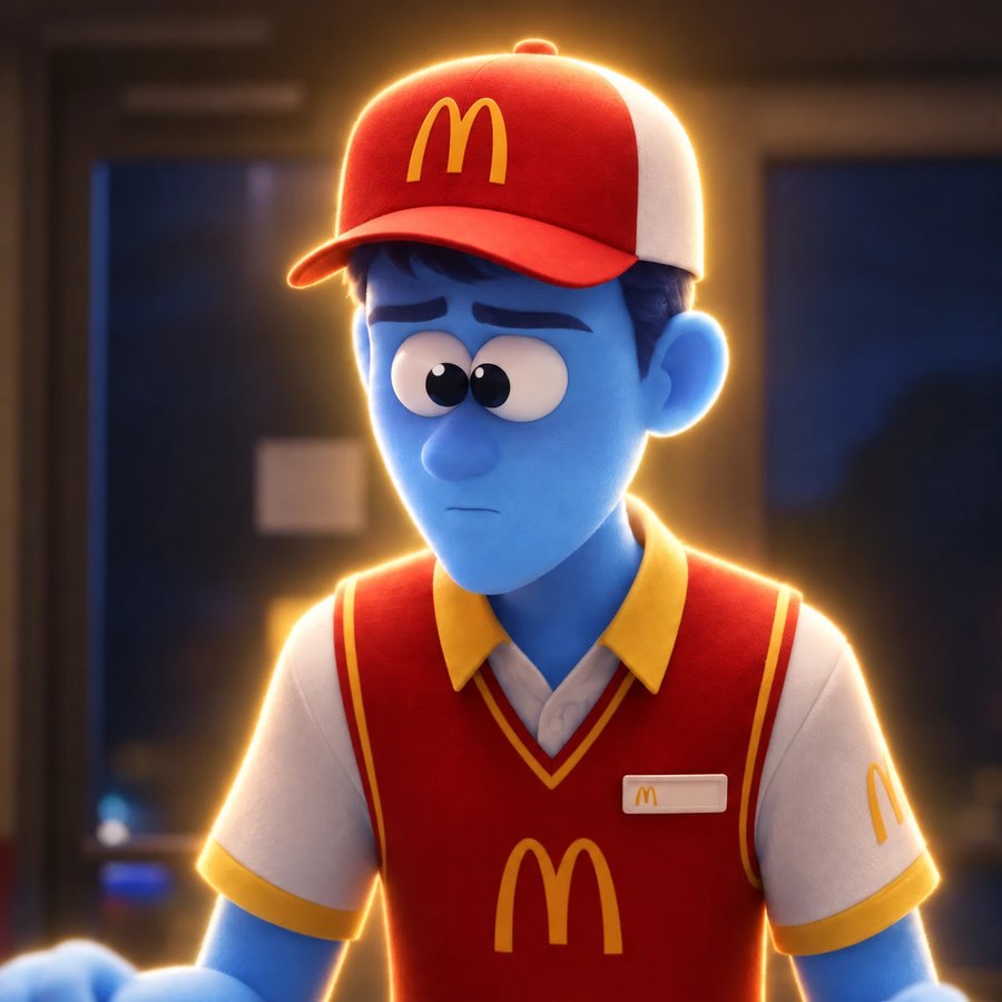 GORMIE: a blue-skinned guy in a red work cap and uniform, looking worried, glowing at the edges